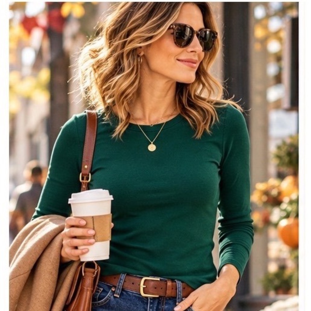 J.Crew Perfect Fit Long Sleeve Tee Forest Green Cotton Ribbed Top Small